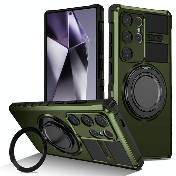 Custodia per telefono con supporto magnetico rotante per Samsung Galaxy S24 Ultra 5G (verde scuro)