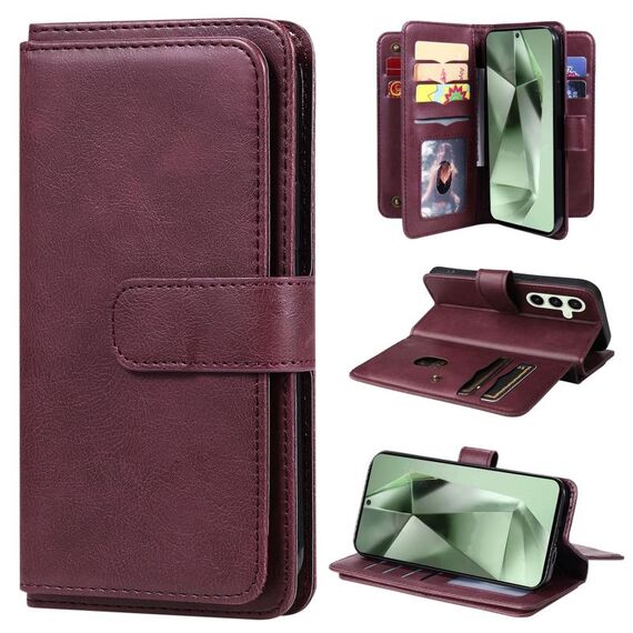 Per Samsung Galaxy S24 FE 5G Portafoglio multifunzione 10 slot per carte Custodia in pelle per telefono (Claret)