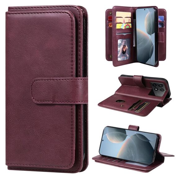 Per Redmi K70 Portafoglio multifunzione con 10 slot per schede Custodia in pelle per telefono (Claret)