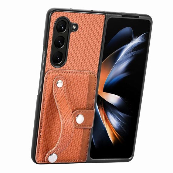 Per Samsung Galaxy Z Fold6 Custodia per telefono con cinturino e supporto per carte di credito (marrone)