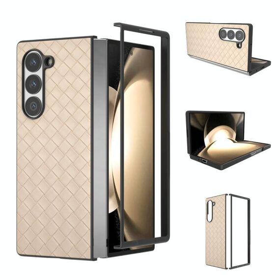 Per Samsung Galaxy Z Fold6 Custodia per telefono in PU con trama intrecciata con cornice nera (beige)