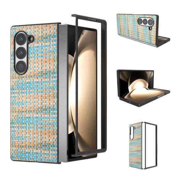 Per Samsung Galaxy Z Fold6 Custodia per telefono in PU con trama a reticolo e colore della cornice nera (blu)