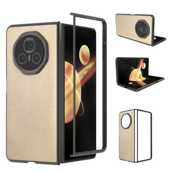 Custodia per telefono a copertura totale in pelle PU per Honor Magic V3 con cornice nera (oro)