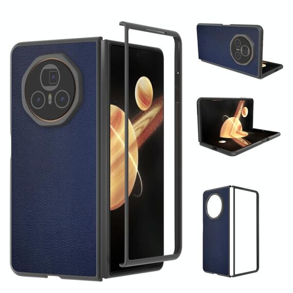 Custodia per telefono a copertura totale con telaio nero in pelle PU per Honor Magic V3 (blu scuro)