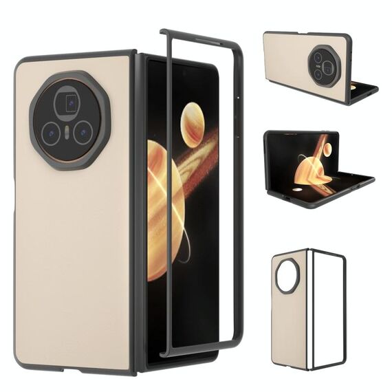Custodia per telefono con copertura completa in pelle PU per Honor Magic V3 con cornice nera (rosa pesca)