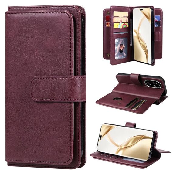 Per Honor 200 Pro Portafoglio multifunzione 10 slot per schede Custodia in pelle per telefono (Claret)