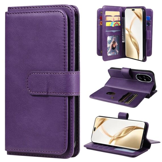 Custodia per telefono in pelle per portafoglio multifunzione Honor 200 Pro con 10 slot per schede (viola)