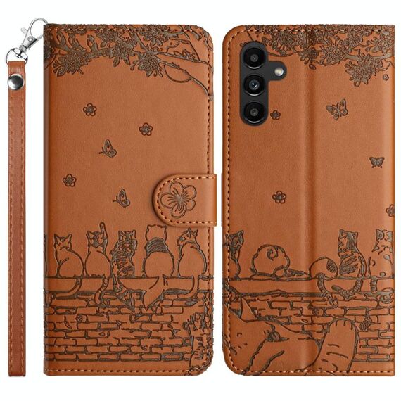 Per Samsung Galaxy S24 FE 5G Custodia in pelle con motivo gatto in rilievo con cordino (marrone)