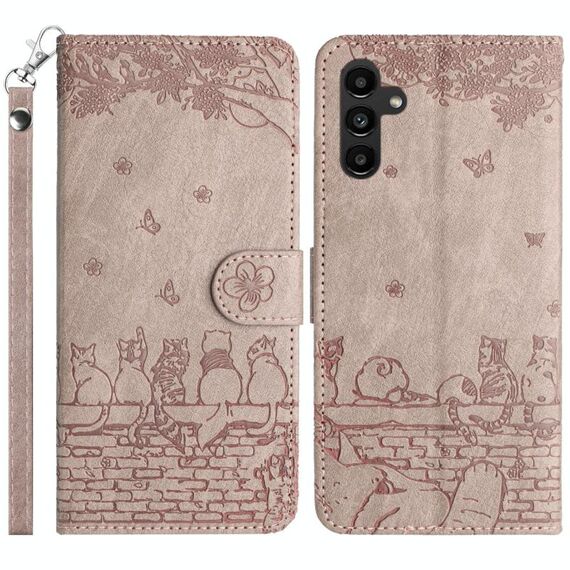 Custodia per telefono in pelle con motivo gatto in rilievo per Samsung Galaxy S24 FE 5G con cordino (grigio)