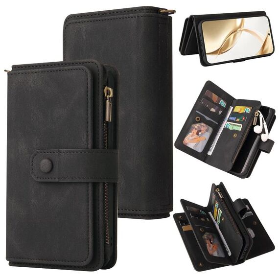Custodia in pelle con cerniera e portafoglio multi-slot per carte di credito per Honor 200 (nero)