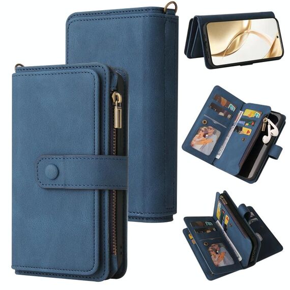 Custodia in pelle con cerniera e portafoglio multi-slot per carte di credito per Honor 200 (blu)