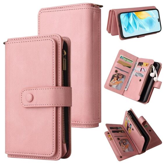 Custodia per telefono in pelle con cerniera e multi-slot per carte di credito per Honor 200 Lite Global Skin Feel (rosa)