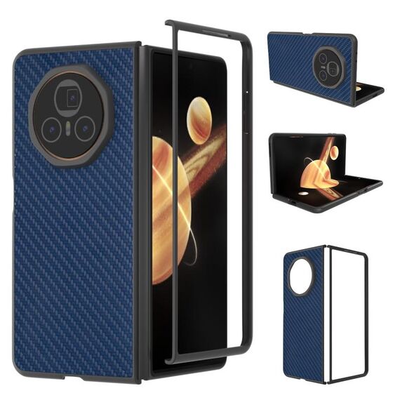 Custodia per telefono in PU con trama in fibra di carbonio e cornice nera per Honor Magic V3 (blu)