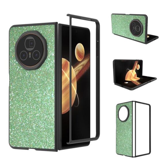 Custodia per telefono con glitter colorati per Honor Magic V3 con cornice nera (verde scuro)