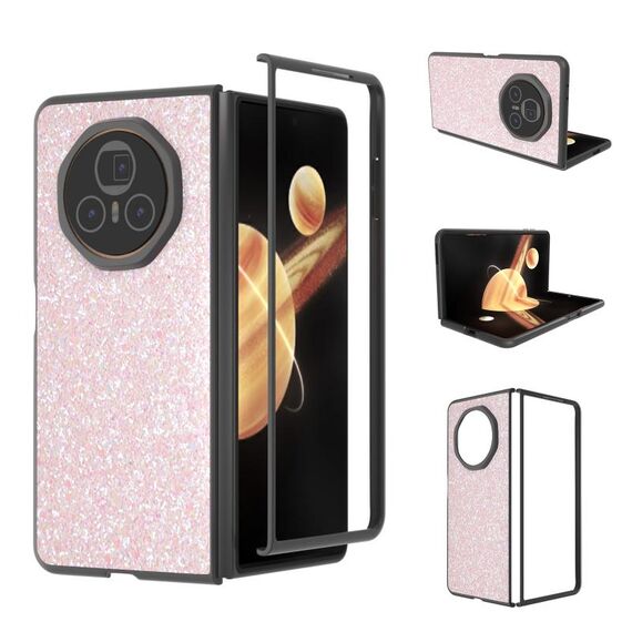 Custodia per telefono con glitter colorati per Honor Magic V3 con cornice nera (rosa)