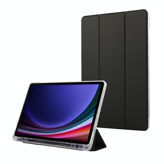 Per Samsung Galaxy Tab S9 / S9 FE Custodia per tablet in pelle a 3 pieghe in acrilico trasparente in fibra di carbonio (nero)