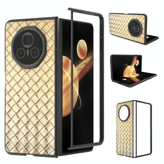 Custodia per telefono in PU con trama intrecciata con cornice nera per Honor Magic V3 (oro)