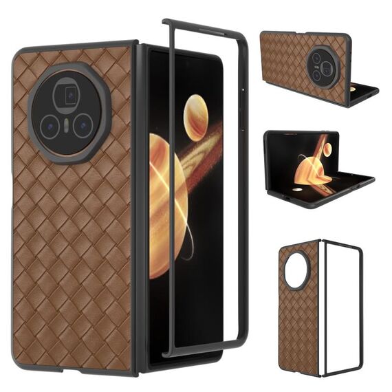 Custodia per telefono in PU con trama intrecciata con cornice nera per Honor Magic V3 (marrone)