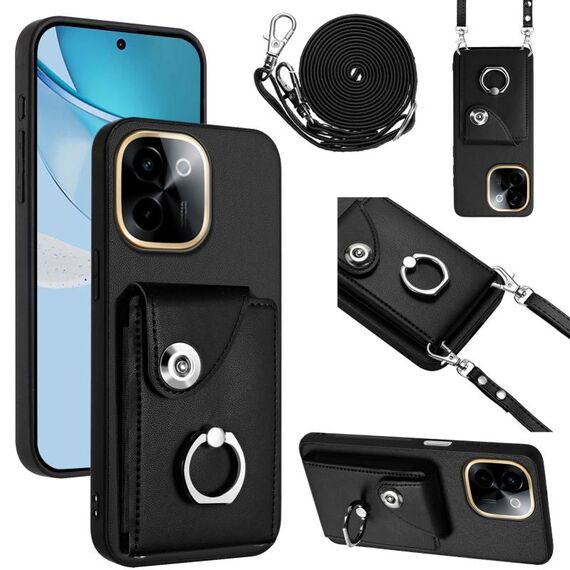 Per vivo Y200 Organ Card Bag Ring Holder Custodia per telefono con cordino lungo (nero)
