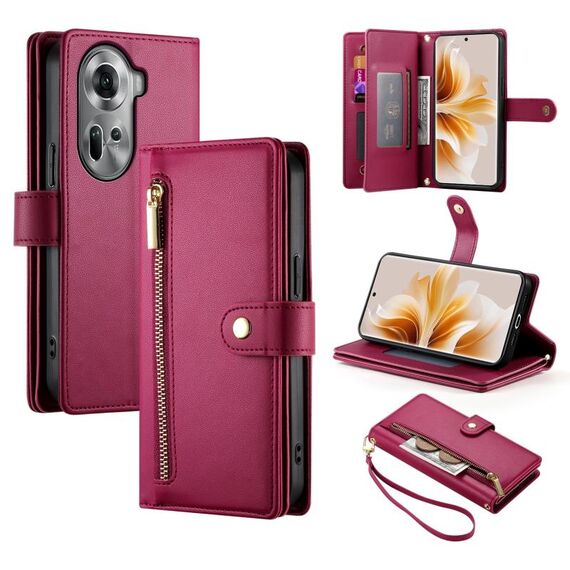 Per OPPO Reno11 Global Nine Card-slot Zipper Wallet Bag Custodia in pelle per telefono (rosso)