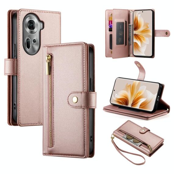 Per OPPO Reno11 Global Nine Card-slot Zipper Wallet Bag Custodia in pelle per telefono (rosa)