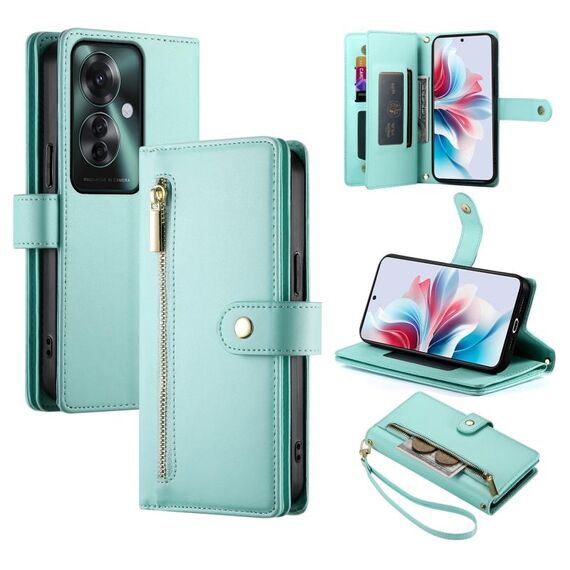 Per OPPO Reno11 F Custodia in pelle con cerniera e nove slot per schede (verde menta)
