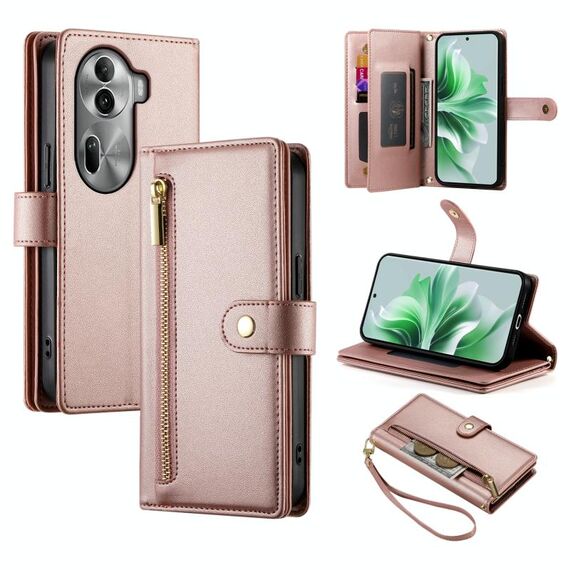 Per OPPO Reno11 Pro Global Nine Card-slot Zipper Wallet Bag Custodia in pelle per telefono (rosa)