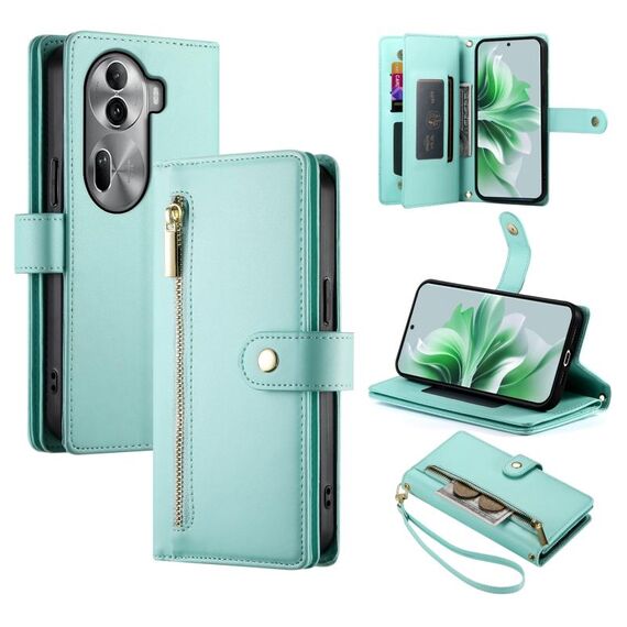 Per OPPO Reno11 Pro Global Nine Card-slot Zipper Wallet Bag Custodia in pelle per telefono (verde menta)