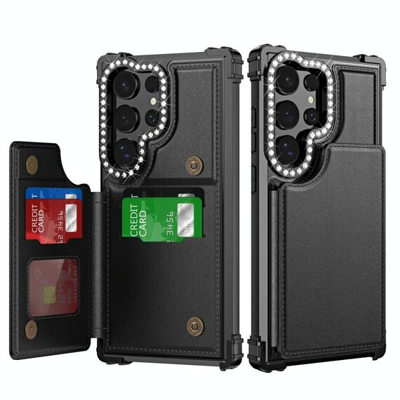 Custodia per telefono in pelle con borsa per carte orizzontale Samsung Galaxy S24 Ultra 5G Diamond (nera)