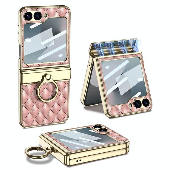Per Samsung Galaxy Z Flip6 GKK Rhombus Pattern Custodia per telefono in pelle elettroplaccata integrata con anello (rosa)