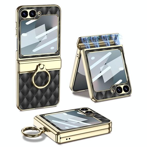 Per Samsung Galaxy Z Flip6 GKK Rhombus Pattern Custodia per telefono in pelle elettroplaccata integrata con anello (nero)