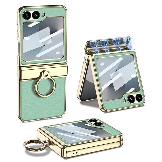 Per Samsung Galaxy Z Flip6 GKK Custodia per telefono in pelle con texture Litchi elettrolitica integrata con anello (verde)
