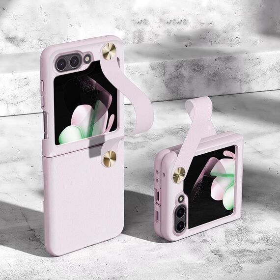 Per Samsung Galaxy Z Flip6 Custodia per telefono con cinturino in pelle ultrasottile per PC a copertura totale (rosa)