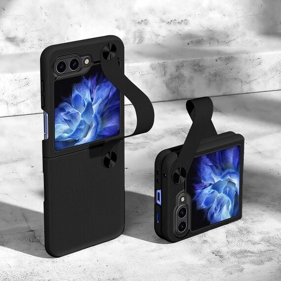 Per Samsung Galaxy Z Flip6 Custodia per telefono con cinturino in pelle ultrasottile per PC a copertura totale (nero)