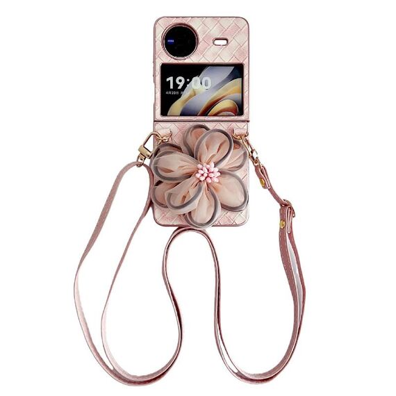 Per vivo X Flip Custodia per telefono con motivo intrecciato 3D a fiori in filato colorato con cordino (rosa)
