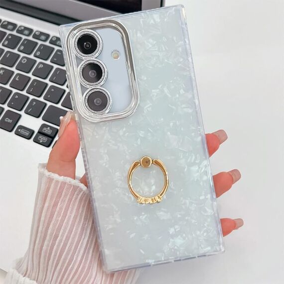 Per Samsung Galaxy S24 FE 5G Custodia per telefono in TPU con supporto ad anello con texture glitterata e pellicola per lenti (modello a conchiglia bianca)
