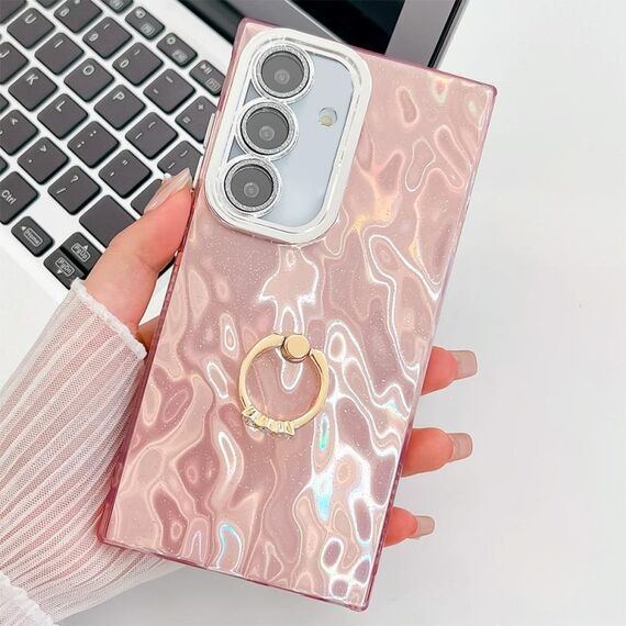 Per Samsung Galaxy S24 FE 5G placcatura glitter texture anello supporto custodia per telefono in TPU con pellicola per lenti (grinze rosa)
