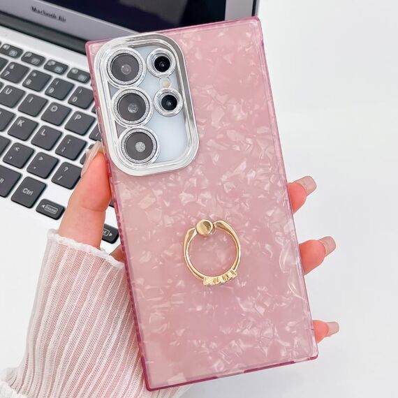 Per Samsung Galaxy S24 Ultra 5G Custodia per telefono in TPU con supporto ad anello con texture glitterata e pellicola per lenti (modello a conchiglia rosa)