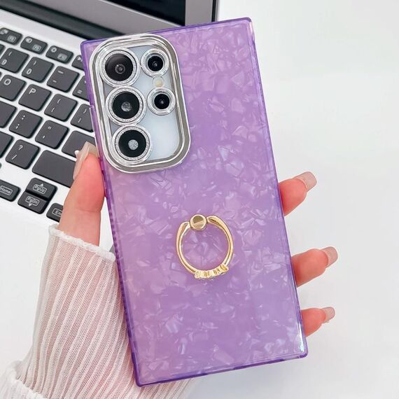 Per Samsung Galaxy S24 Ultra 5G Custodia per telefono in TPU con supporto ad anello con texture glitterata e pellicola per lenti (modello a conchiglia viola)