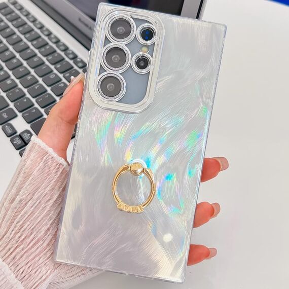 Per Samsung Galaxy S24 Ultra 5G placcatura glitter texture anello supporto custodia per telefono in TPU con pellicola per lenti (filato di piume bianche)