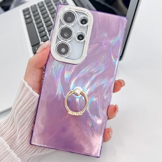 Per Samsung Galaxy S24 Ultra 5G Custodia in TPU con supporto per anello con texture glitterata con pellicola per lenti (filato di piume viola)