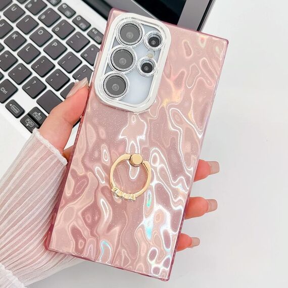 Per Samsung Galaxy S24 Ultra 5G Plating Glitter Texture Anello Supporto Custodia per telefono in TPU con pellicola per lenti (Rosa Rughe)