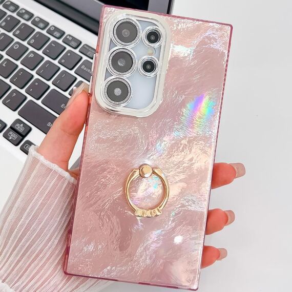 Per Samsung Galaxy S24 Ultra 5G Custodia per telefono in TPU con supporto ad anello con texture glitterata con pellicola per lenti (Texture in carta stagnola rosa)