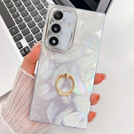 Per Samsung Galaxy S24 5G placcatura glitter texture anello supporto custodia per telefono in TPU con pellicola per lenti (piume bianche)