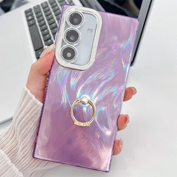 Per Samsung Galaxy S24 5G placcatura glitter texture anello supporto custodia per telefono in TPU con pellicola per lenti (filato di piume viola)