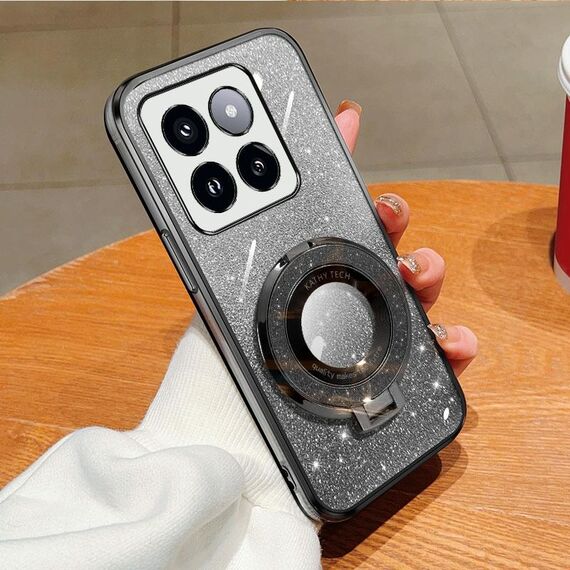 Per Xiaomi 14 Pro Custodia per telefono in TPU con supporto rotondo con glitter sfumato placcato (nero)