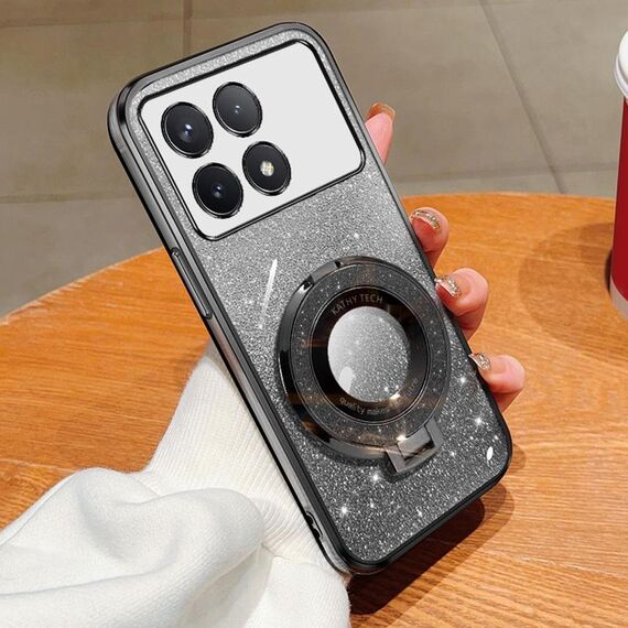 Per Redmi K70 / K70 Pro Custodia per telefono in TPU con supporto rotondo glitterato sfumato placcato (nero)