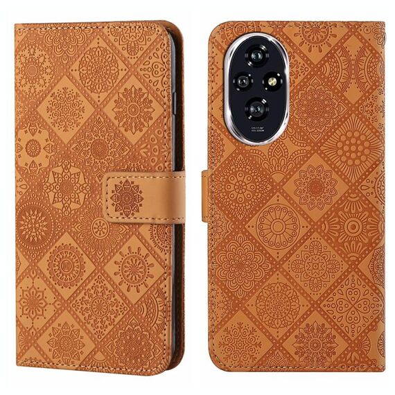 Custodia per telefono in pelle con motivo in rilievo in stile etnico per Honor 200 Pro (marrone)