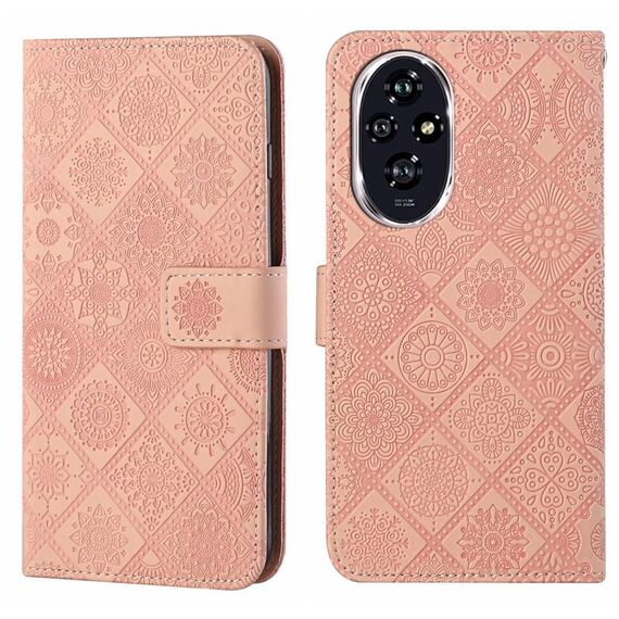 Custodia per telefono in pelle con motivo in rilievo in stile etnico per Honor 200 Pro (rosa)