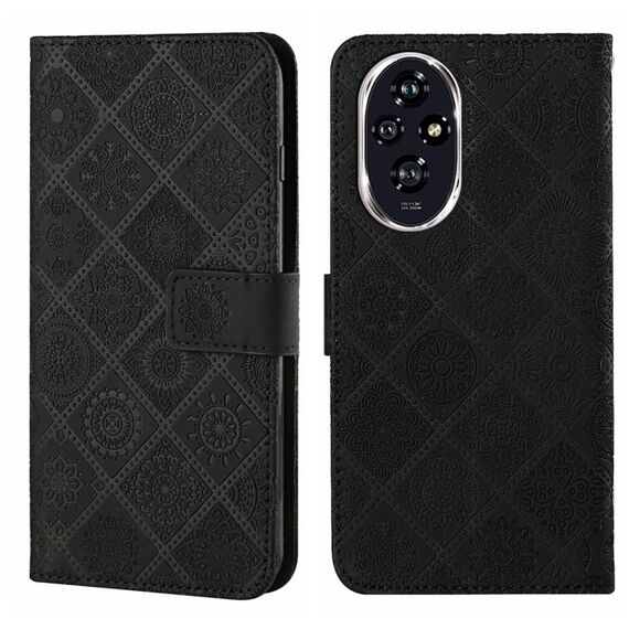 Custodia per telefono in pelle con motivo in rilievo in stile etnico per Honor 200 Pro (nero)